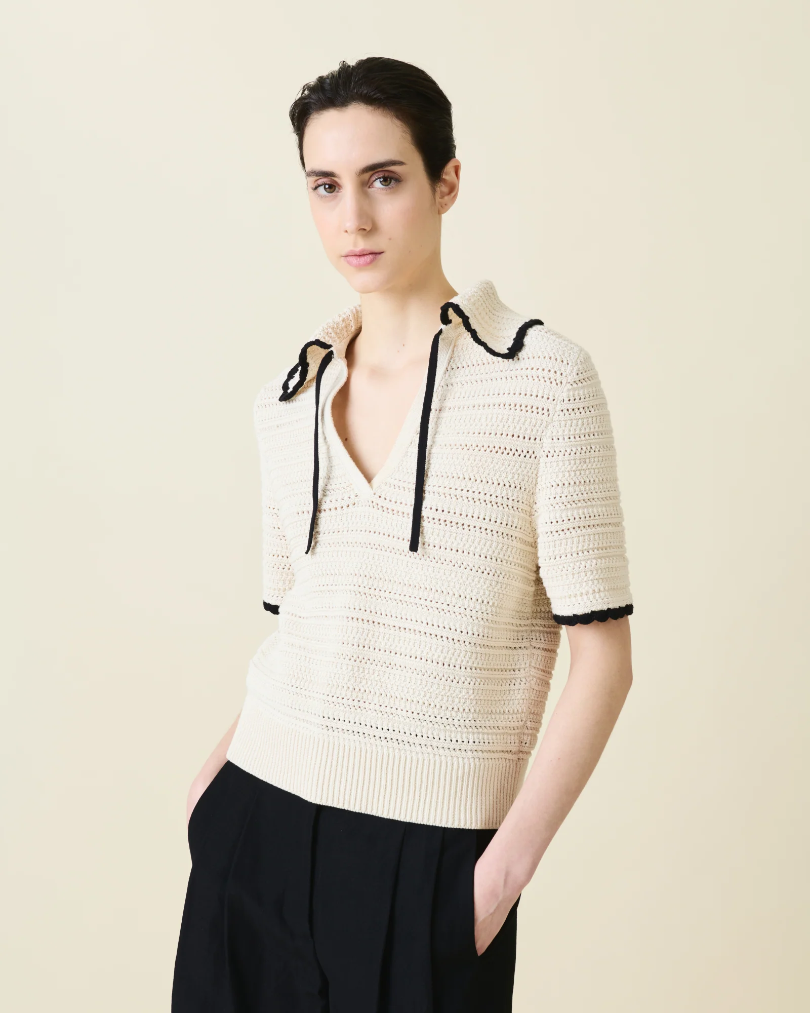 Chunky Cotton Knit Top with Contrast Trim - Image 2