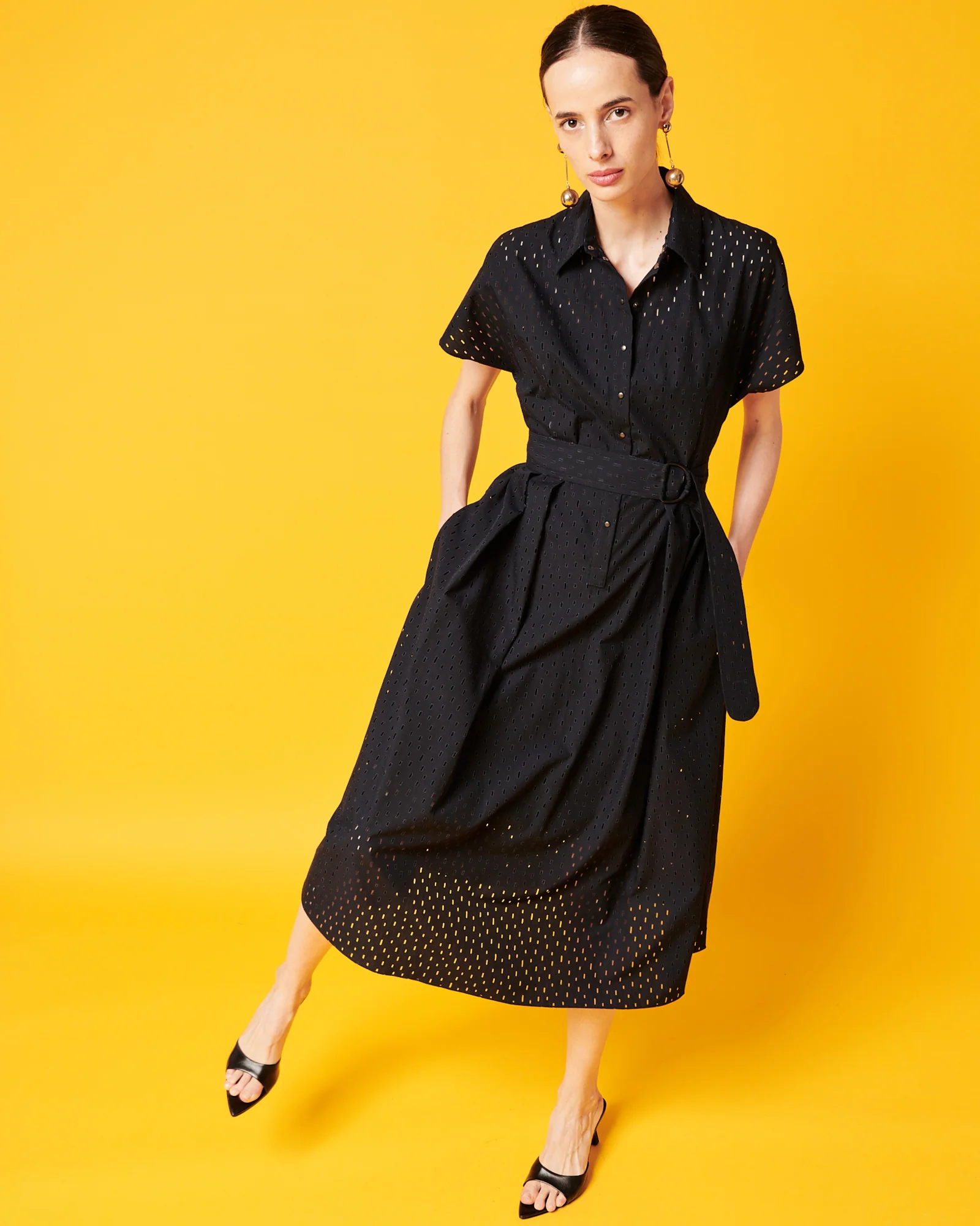 A-Line Flare Cotton Lasercut Grid Midi Dress - Image 2