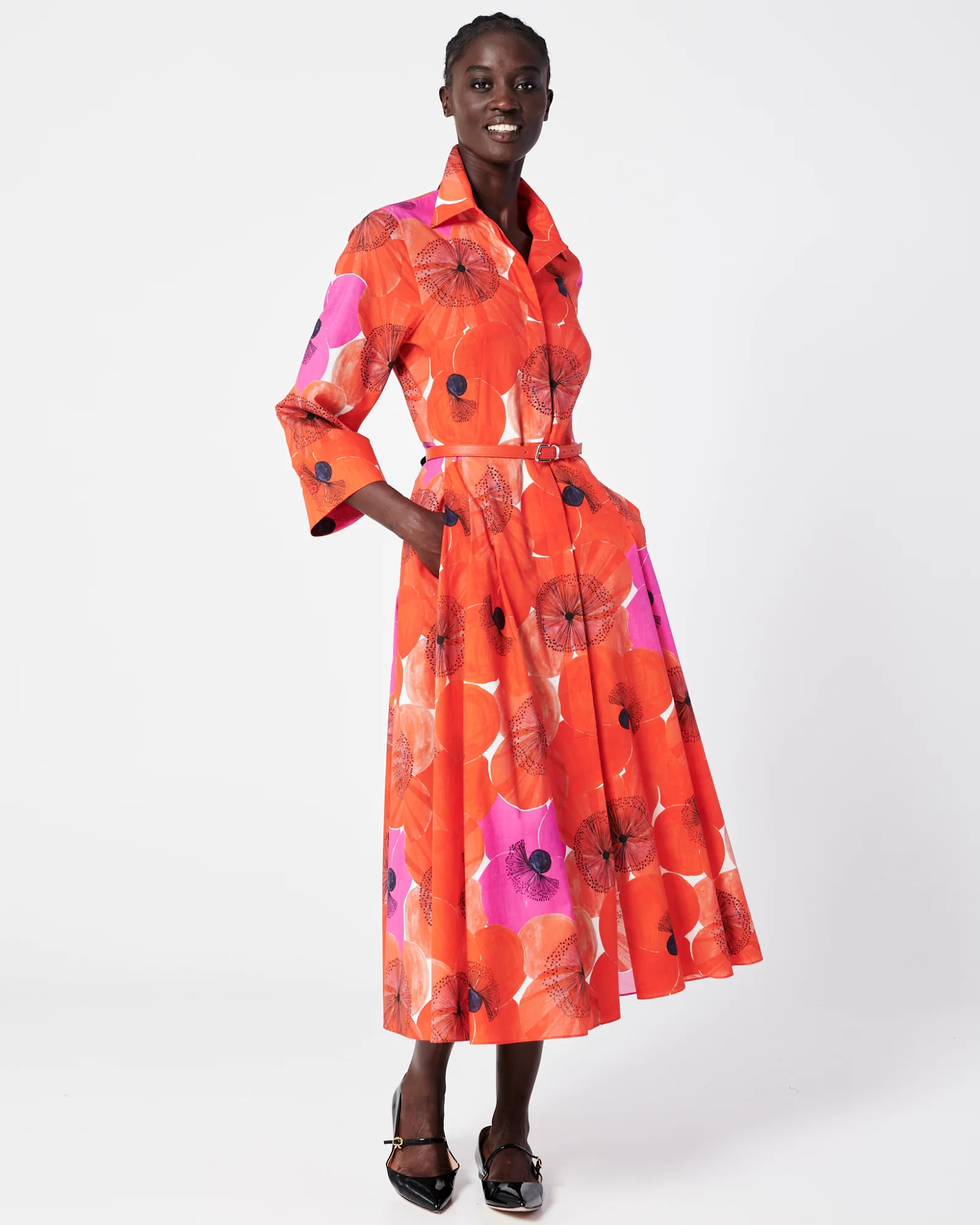 Cotton Midi Shirt Dress in Poppy Print - Image 2