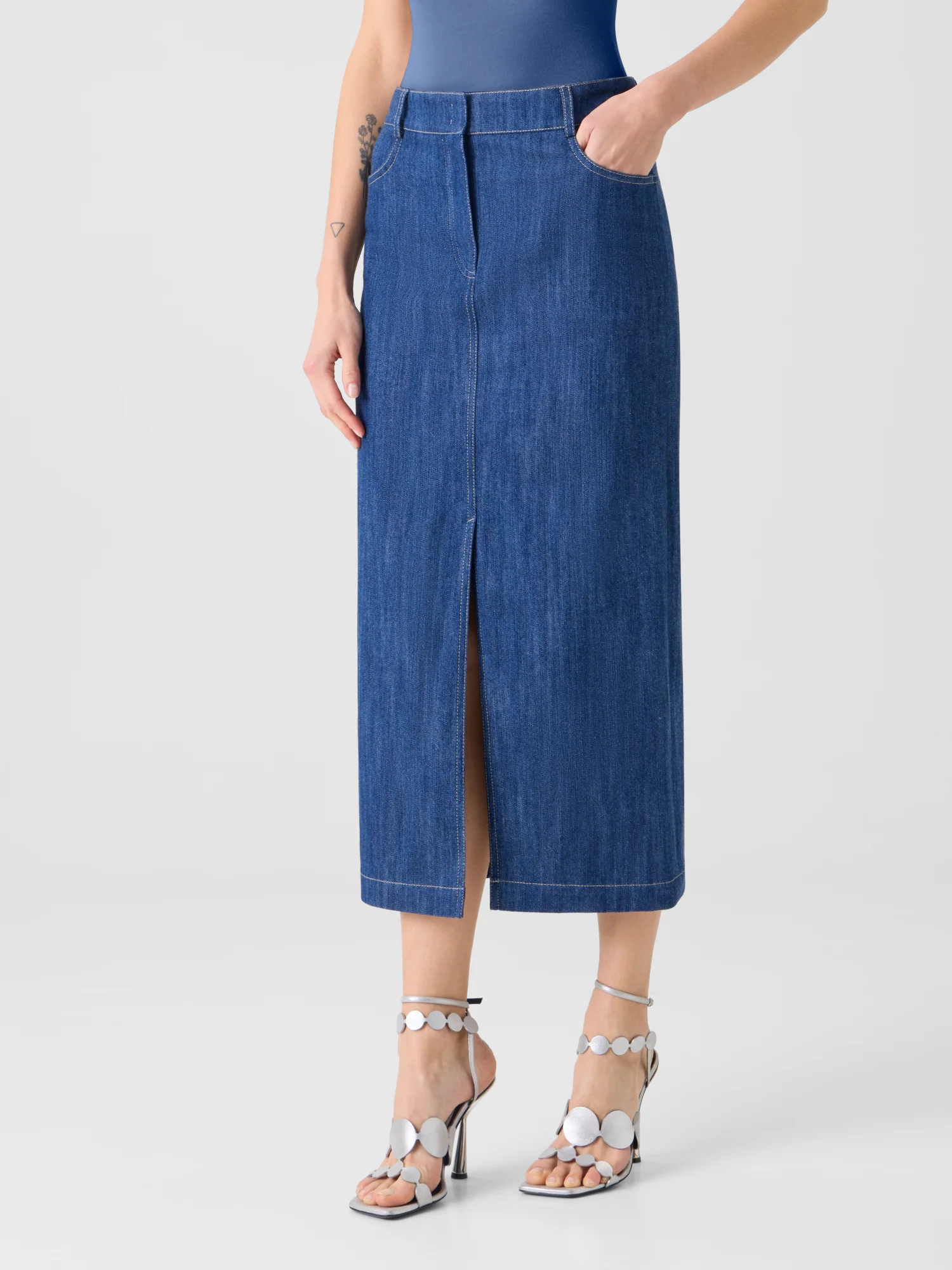 Cotton Stretch Denim Midi Pencil Skirt - Image 3