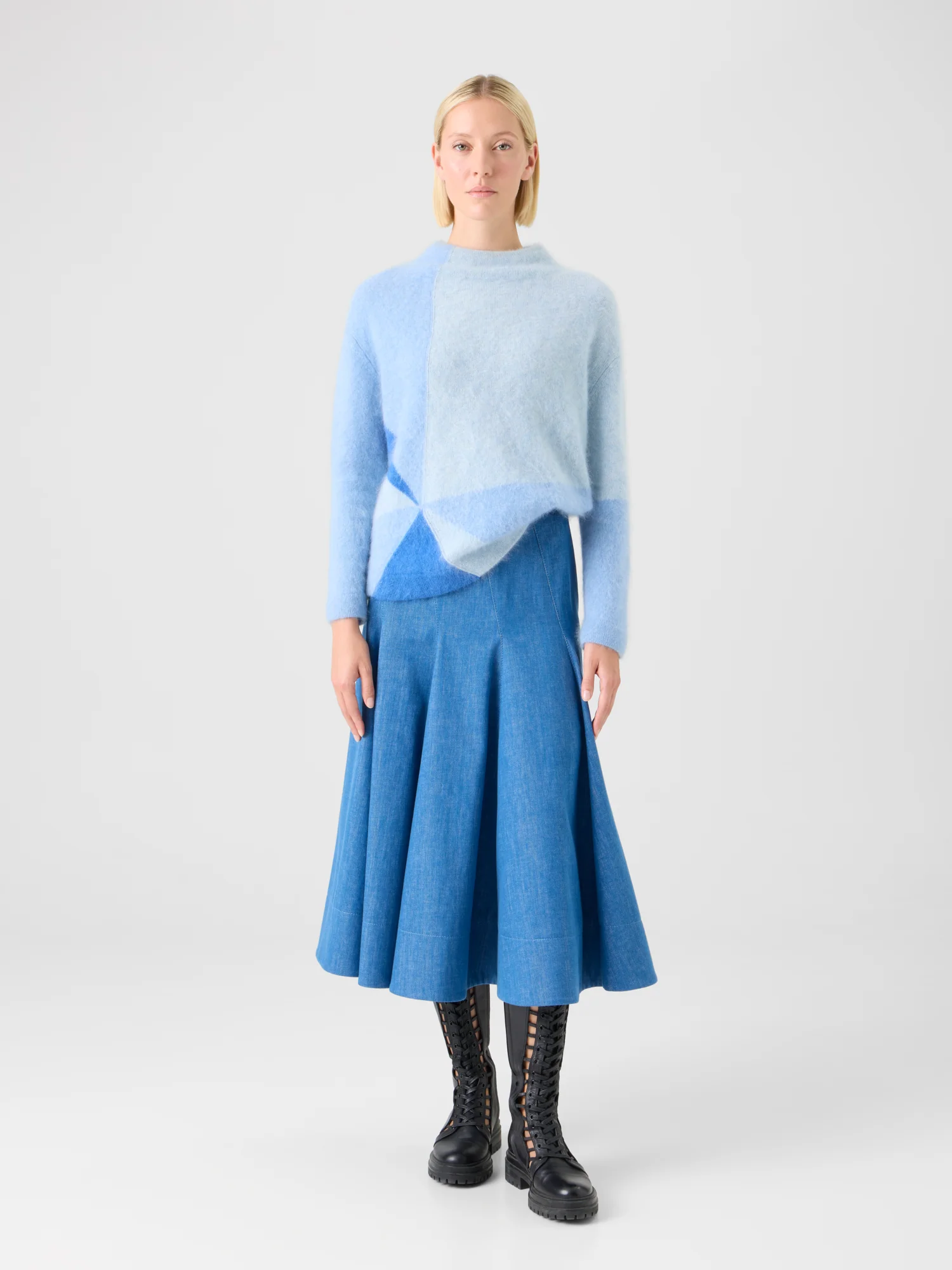 Diagonal Godet Cotton Stretch Denim Midi Skirt - Image 2