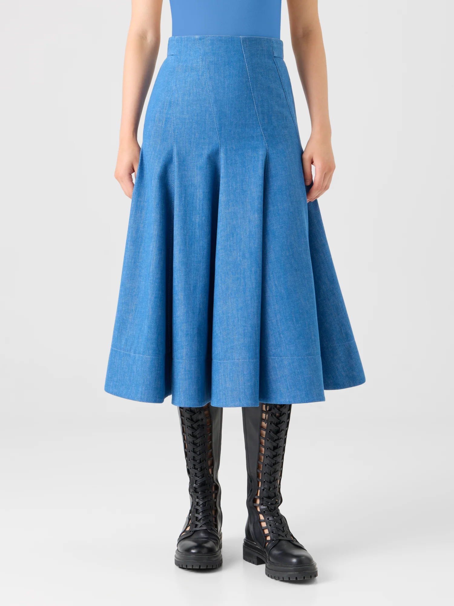 Diagonal Godet Cotton Stretch Denim Midi Skirt - Image 3