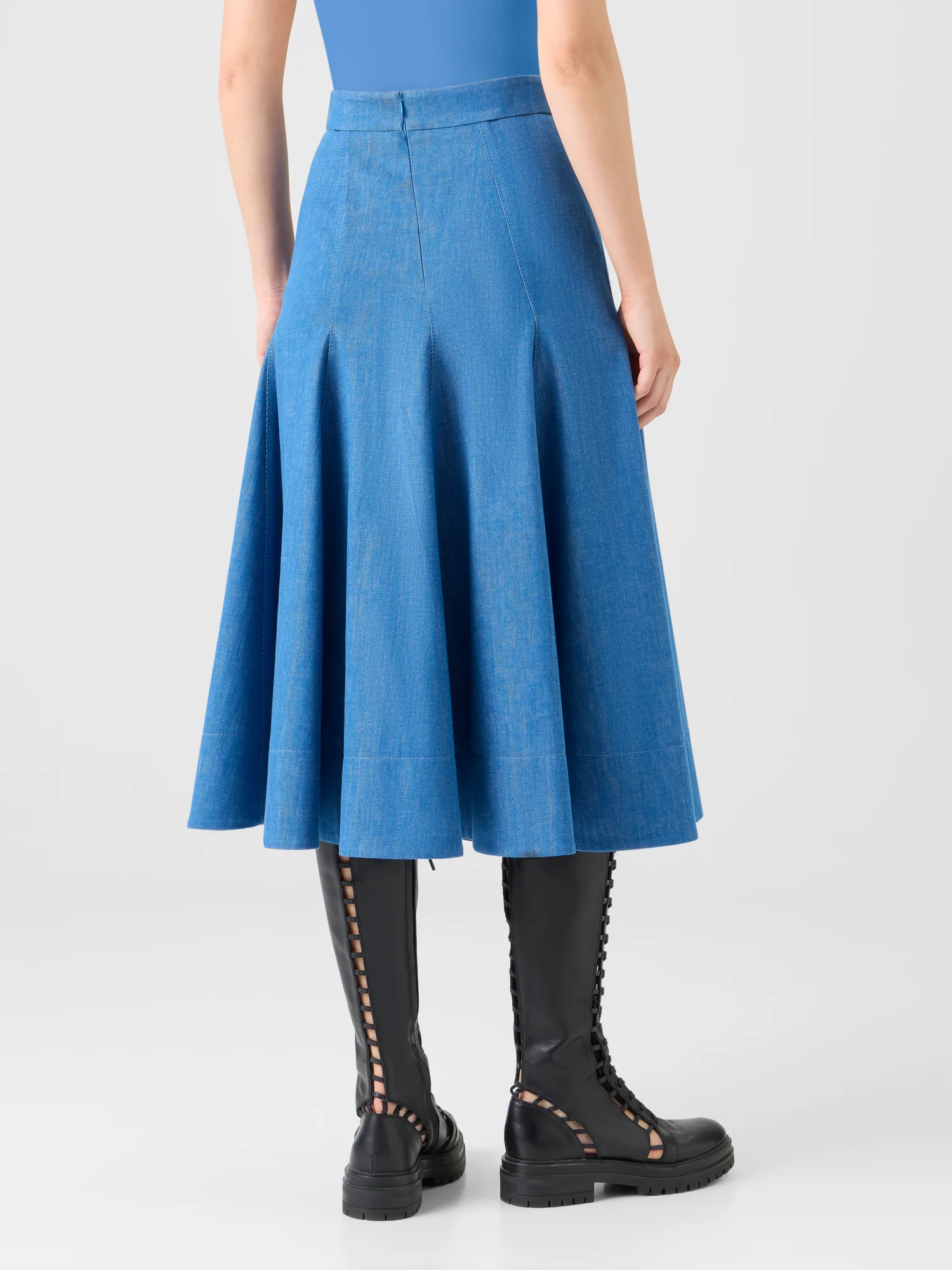 Diagonal Godet Cotton Stretch Denim Midi Skirt - Image 4