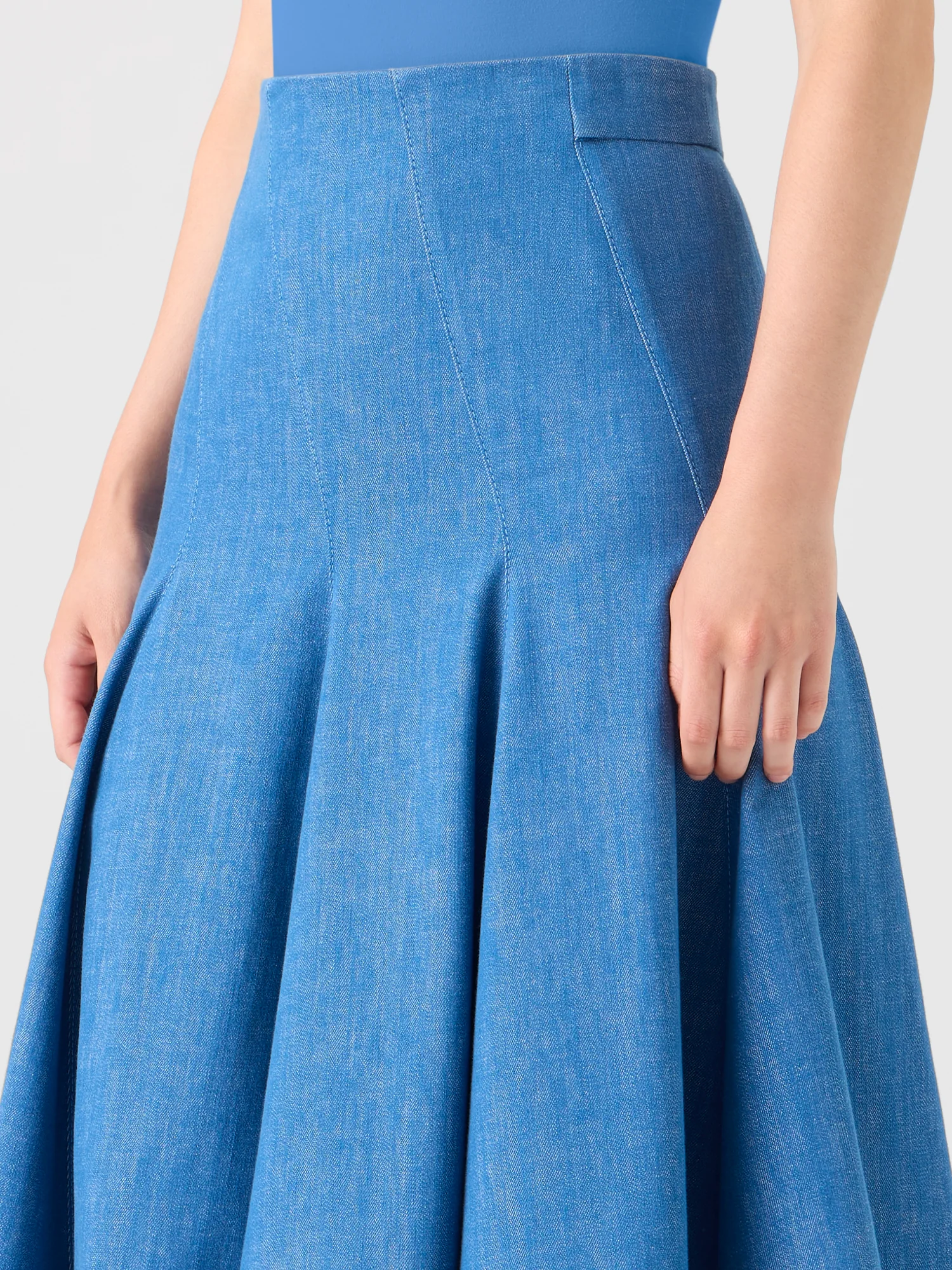 Diagonal Godet Cotton Stretch Denim Midi Skirt - Image 5