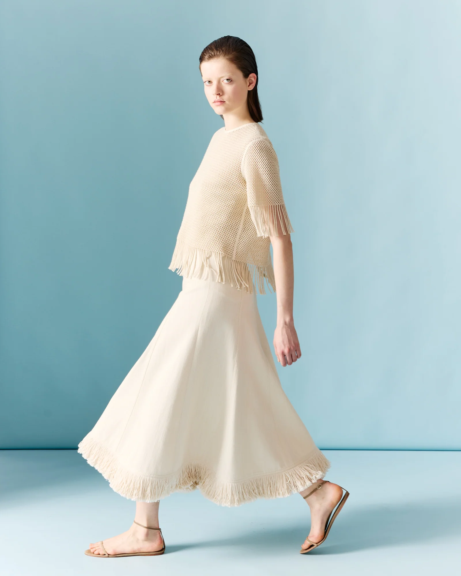 Denim Midi Skirt with Fringes - Image 2