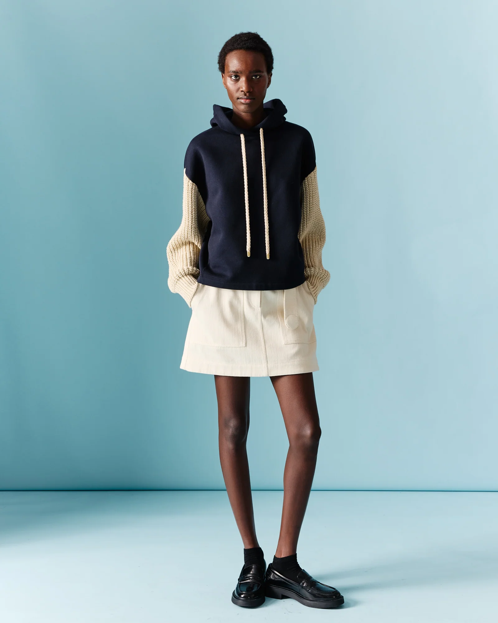 Jersey Hoodie with Knit Sleeves - Image 2