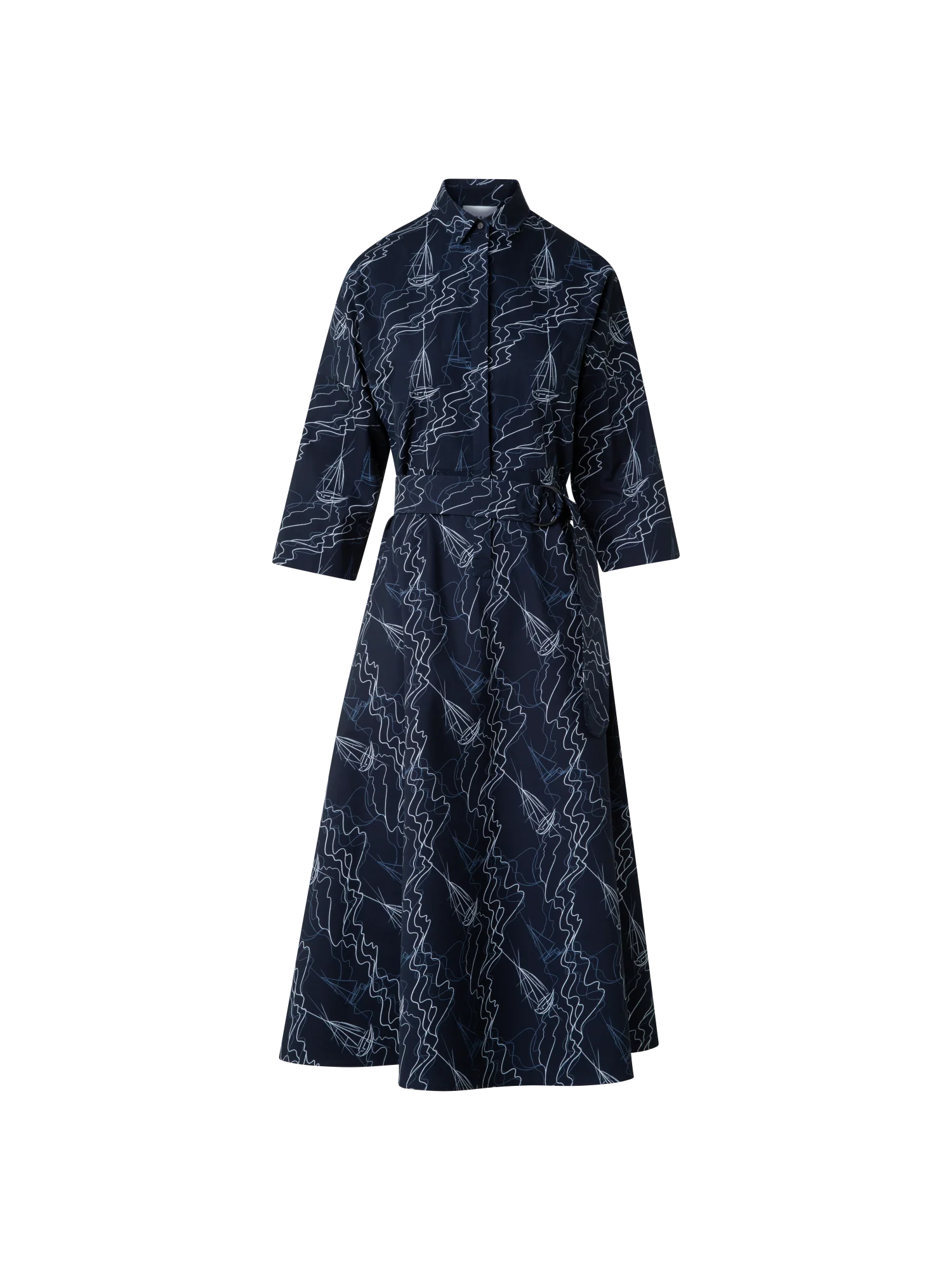 Midi Shirt Dress in Cotton with Sailboat Print