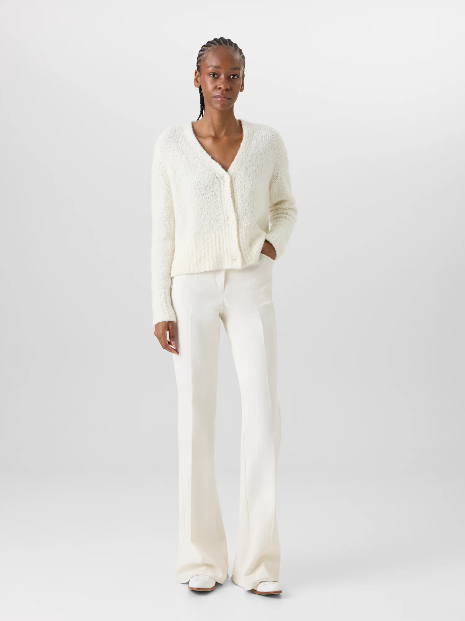Bracelet-Sleeve Cashmere-Silk Bouclé Knit Short Cardigan - Image 2
