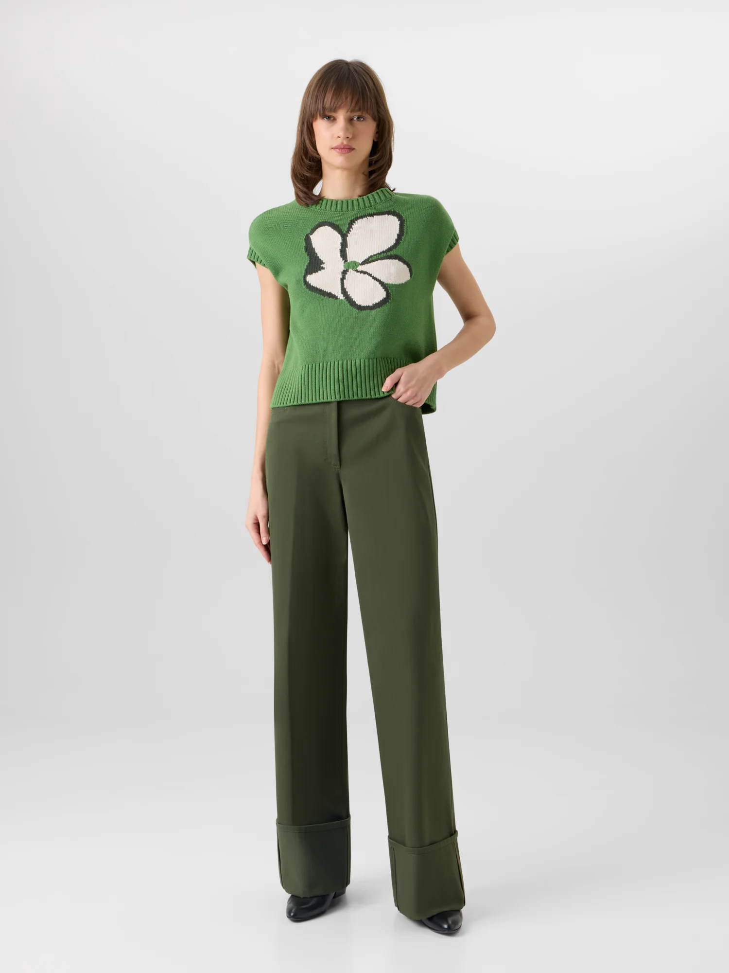 Cap-Sleeve Papercut Flower Knit Sweater - Image 2