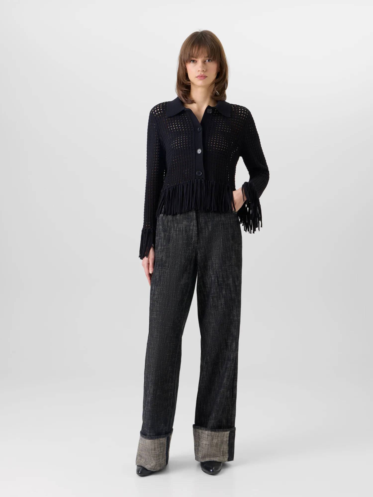 Short Long-Sleeve Chunky Cotton Mesh Knit Cardigan - Image 2