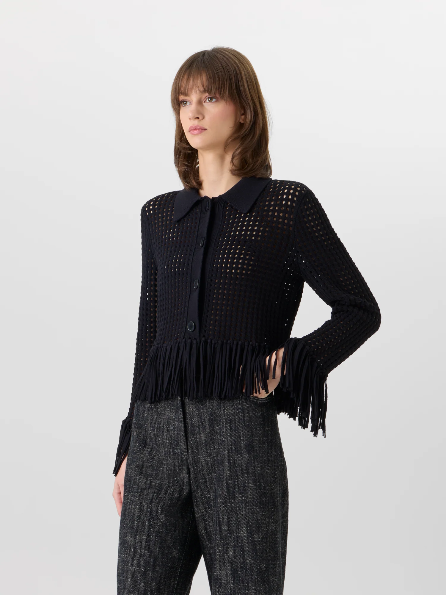 Short Long-Sleeve Chunky Cotton Mesh Knit Cardigan - Image 4