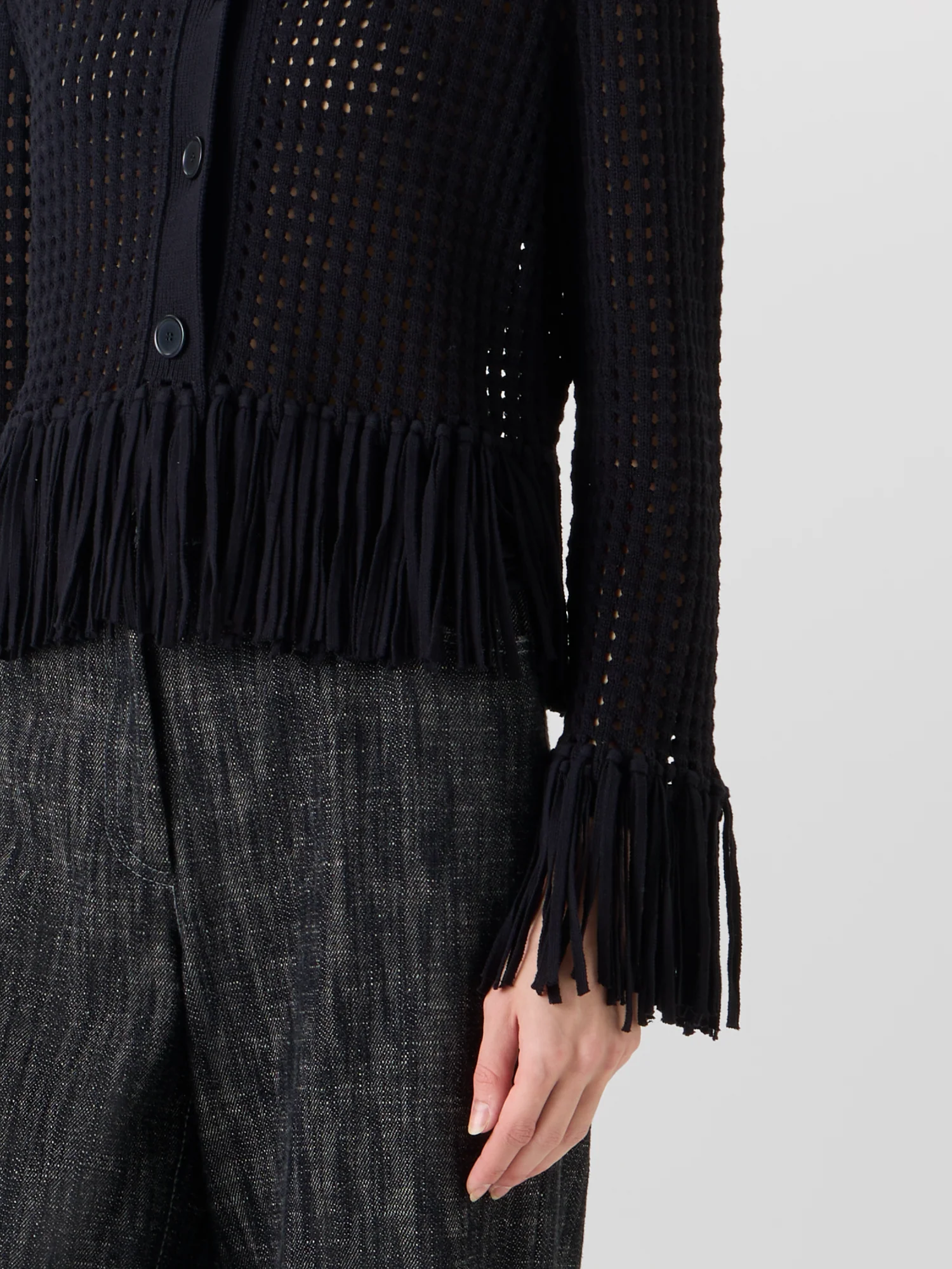 Short Long-Sleeve Chunky Cotton Mesh Knit Cardigan - Image 5