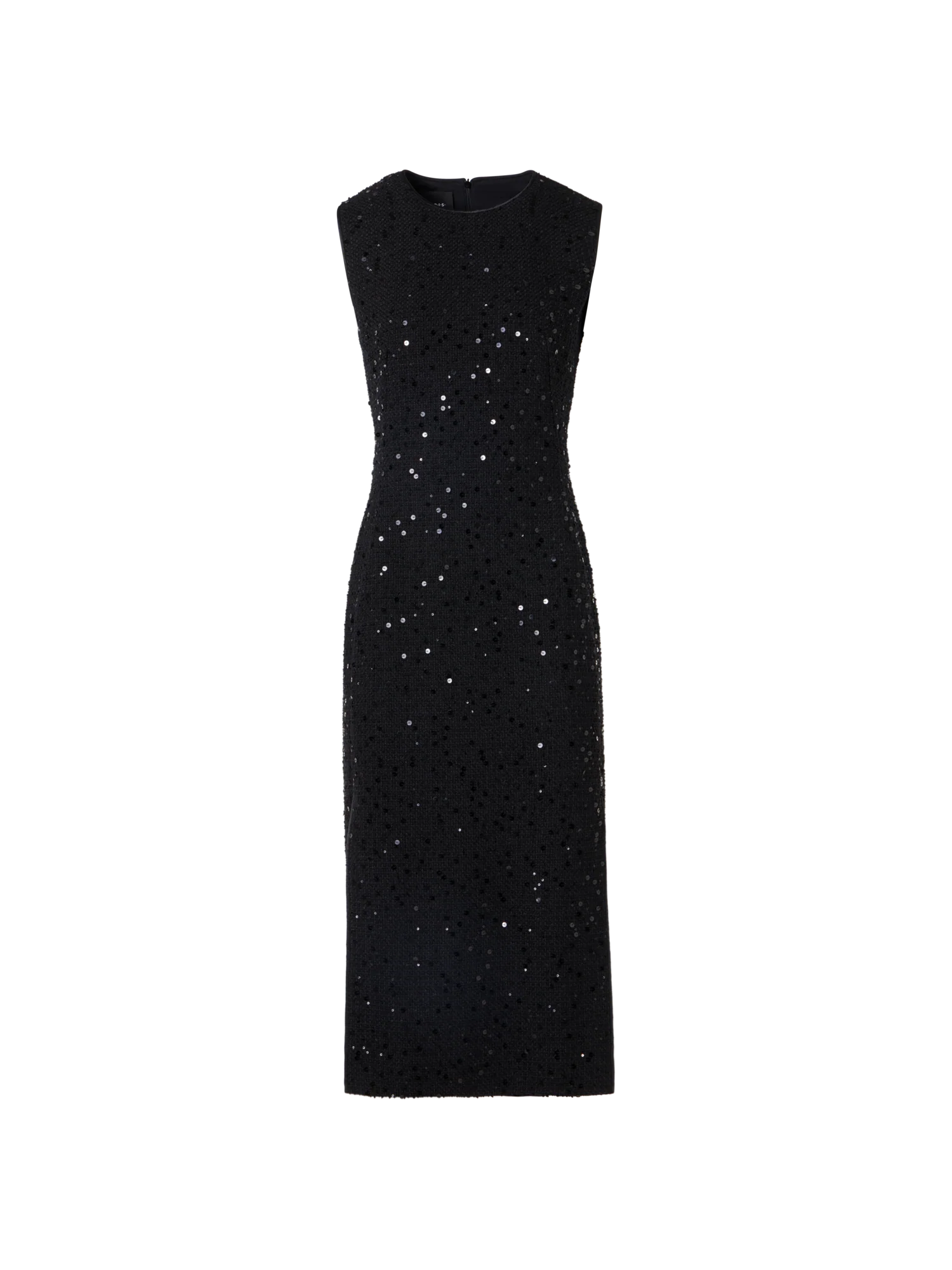 Sleeveless Cotton-Wool Tweed Midi Sheath Dress with Sequins