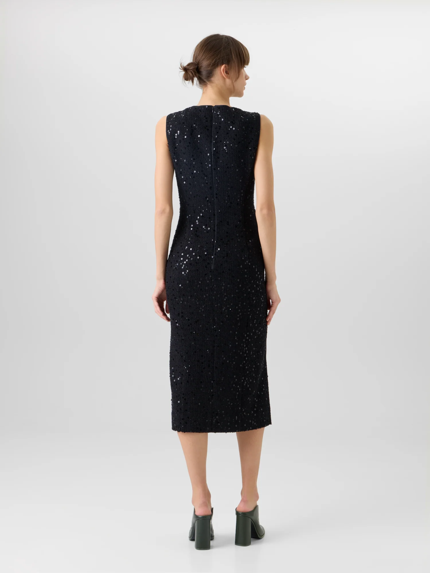 Sleeveless Cotton-Wool Tweed Midi Sheath Dress with Sequins - Image 6