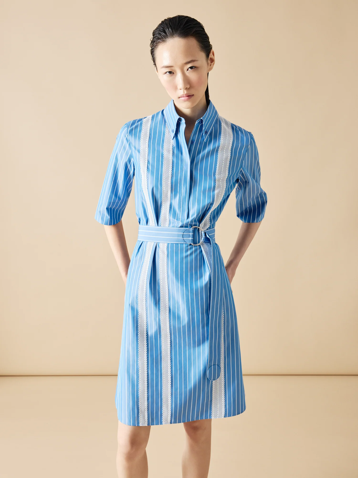 Shirt Dress in Striped Cotton with Mesh Tape - Image 2