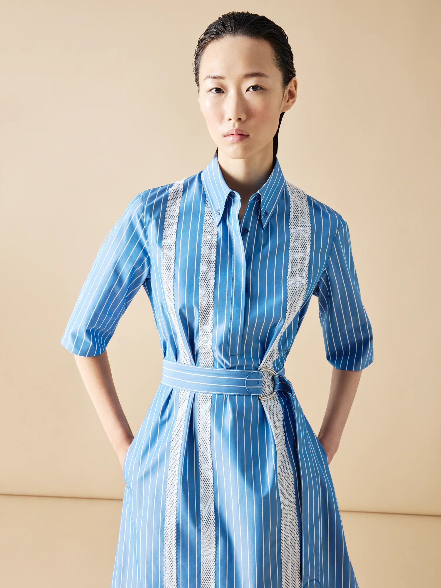Shirt Dress in Striped Cotton with Mesh Tape - Image 5