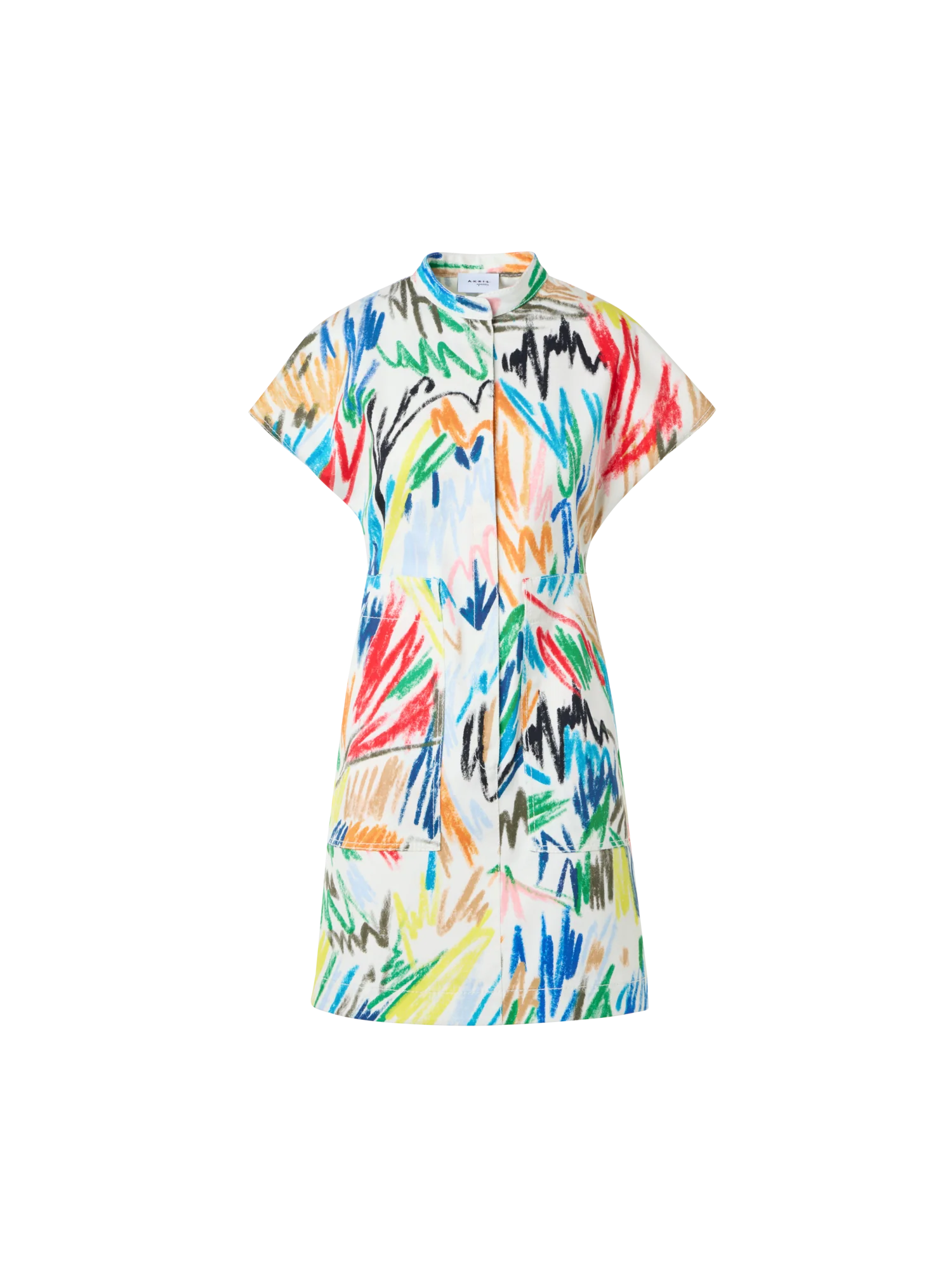 Belted Scribble Print Cotton Denim Mini Dress