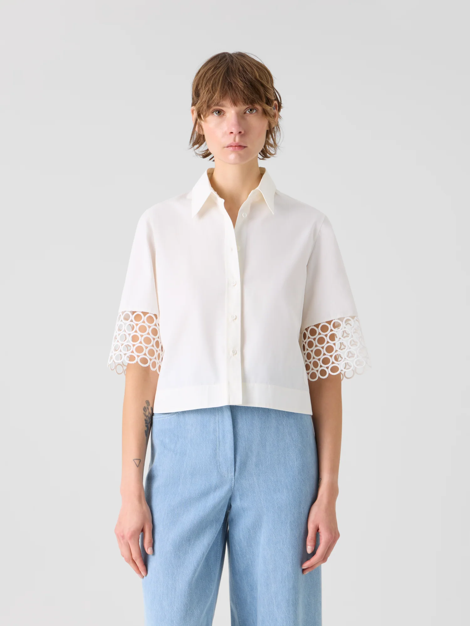Cotton Boxy Blouse with Eyelet Guipure