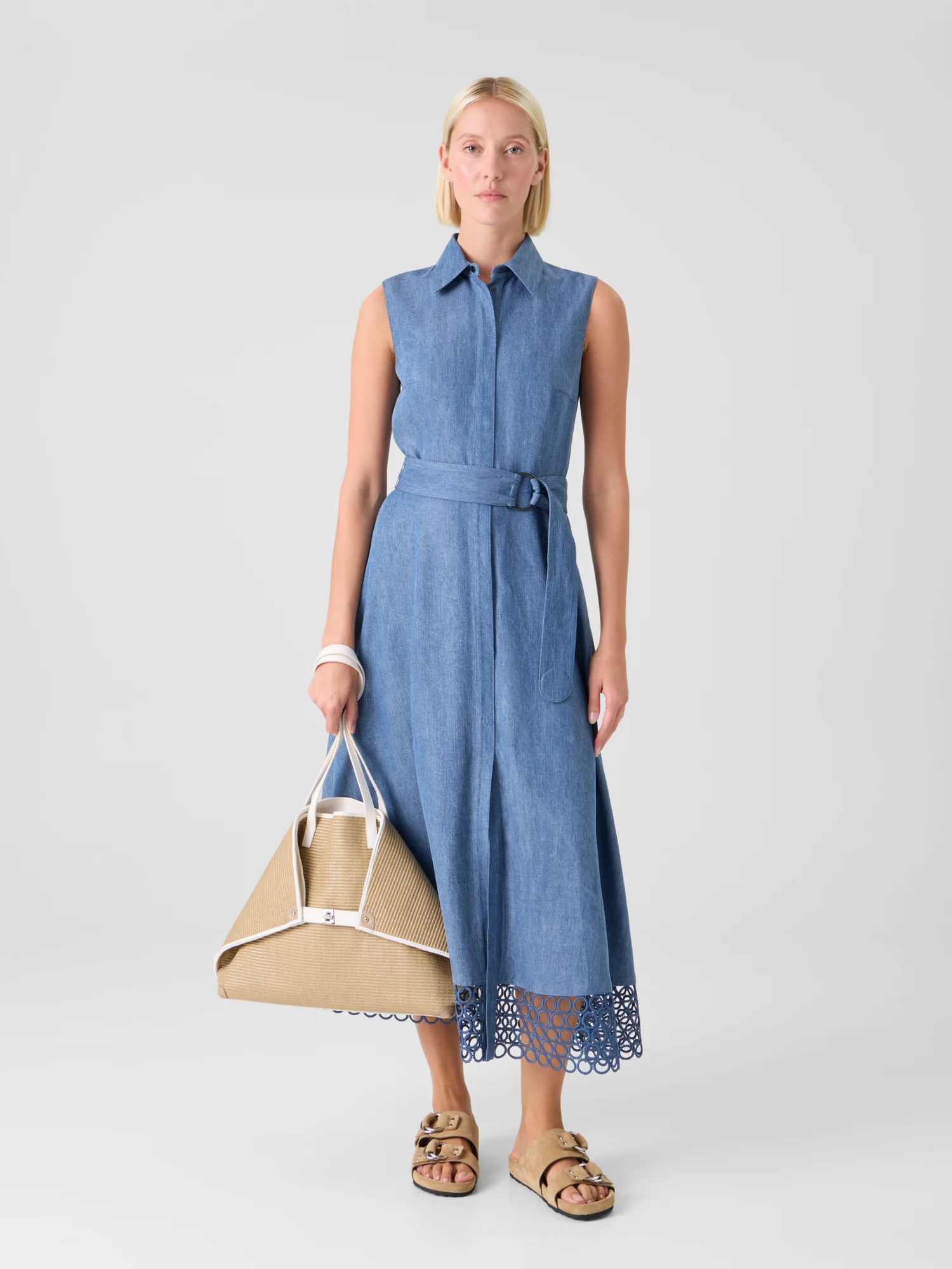Denim Shirt Dress with Eyelet Guipure - Image 2