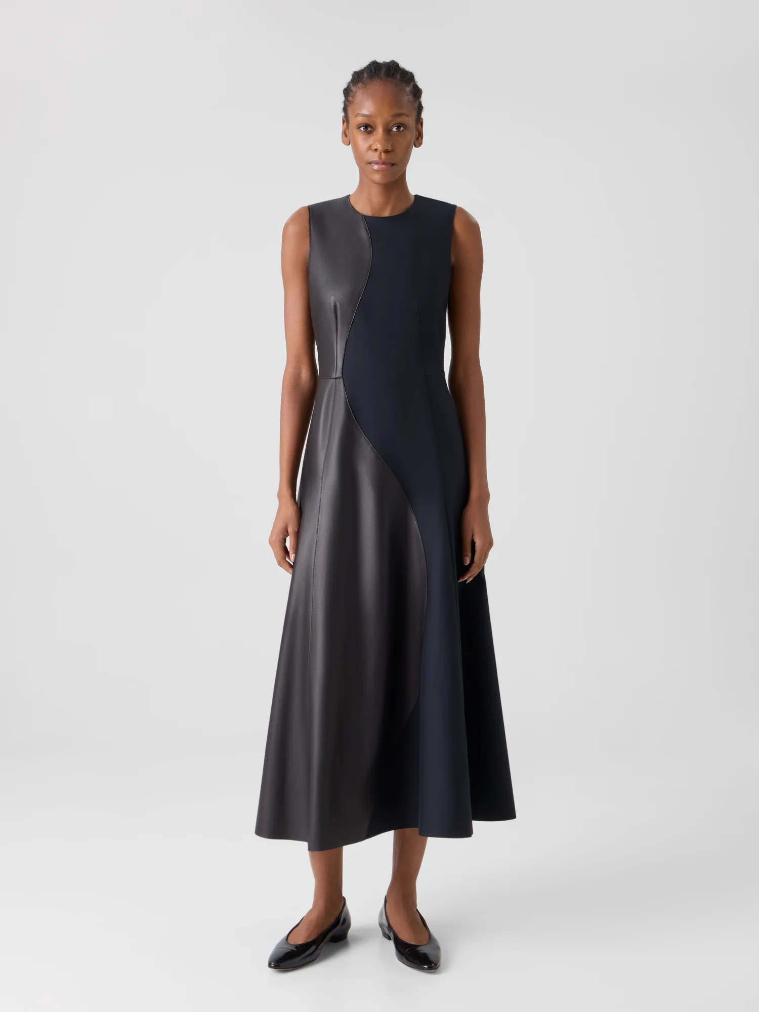 Flared Midi Dress with Leather Patchwork - Image 2