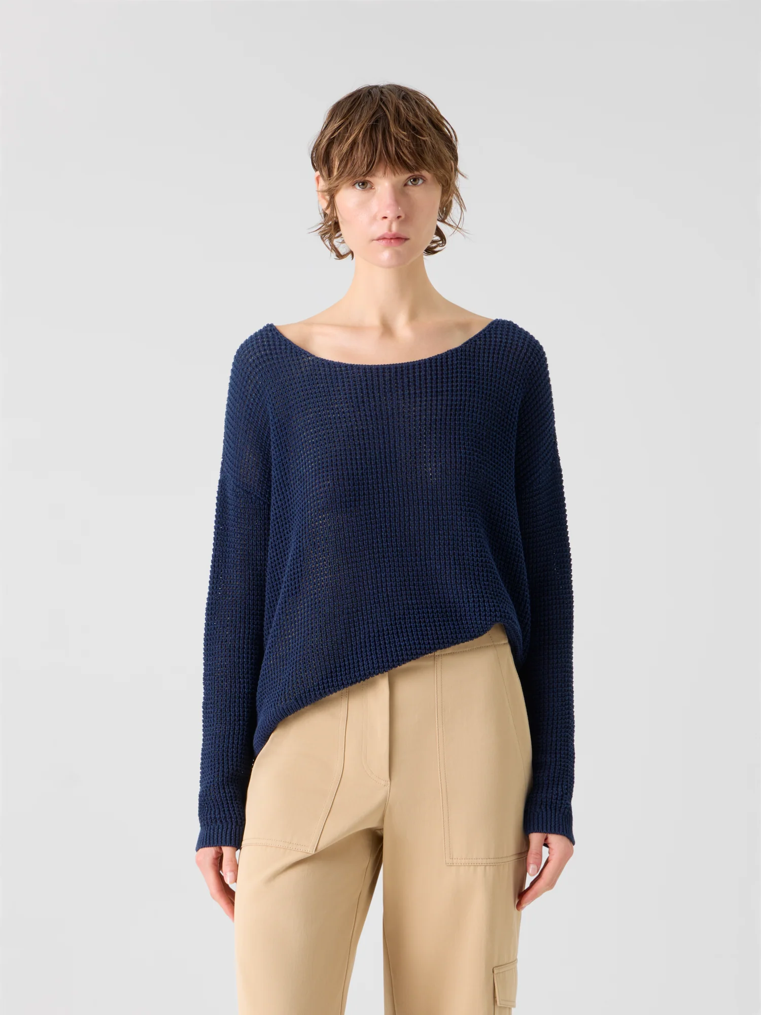 Off-Shoulder Linen-Cotton V-Neck Knit Sweater