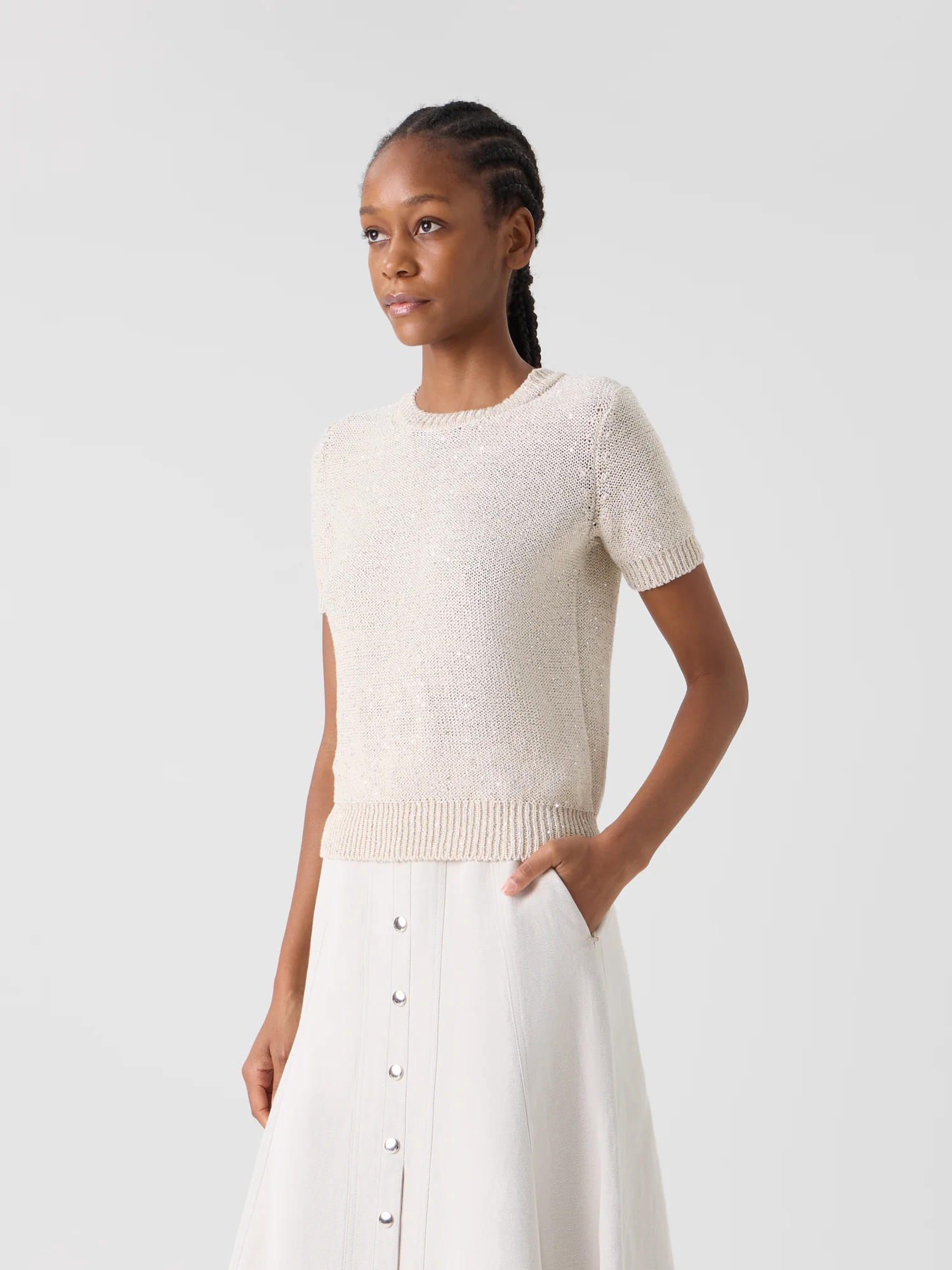 Sequined Short Sleeve Linen Cotton Sweater - Image 5