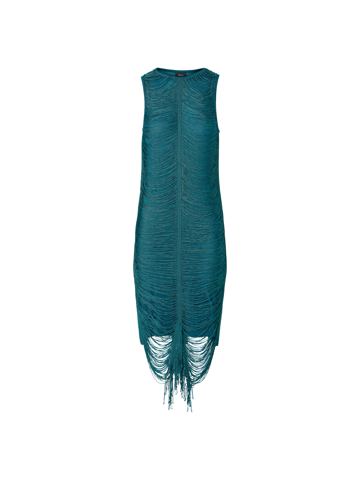 Sleeveless Fringe Drape Knit Sheath Dress in Silk